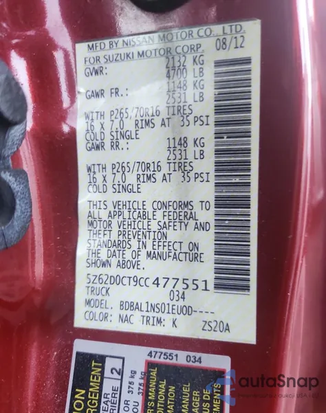 2012 Suzuki Equator Base from USA, damaged, VIN 5Z62D0CT9CC477551